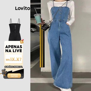 (LIVE STREAM SALE) Lovito Casual Macacão Feminino Liso Lavado com Bolso e Botão Frontal LNE22047 (Multicolorido) em Oferta na Shopee