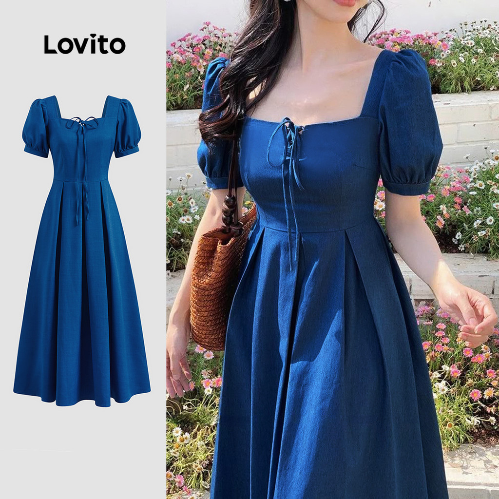 (Trendy) Lovito Vestido Casual liso plissado com cadarço para mulheres LBL23071 em Oferta na Shopee
