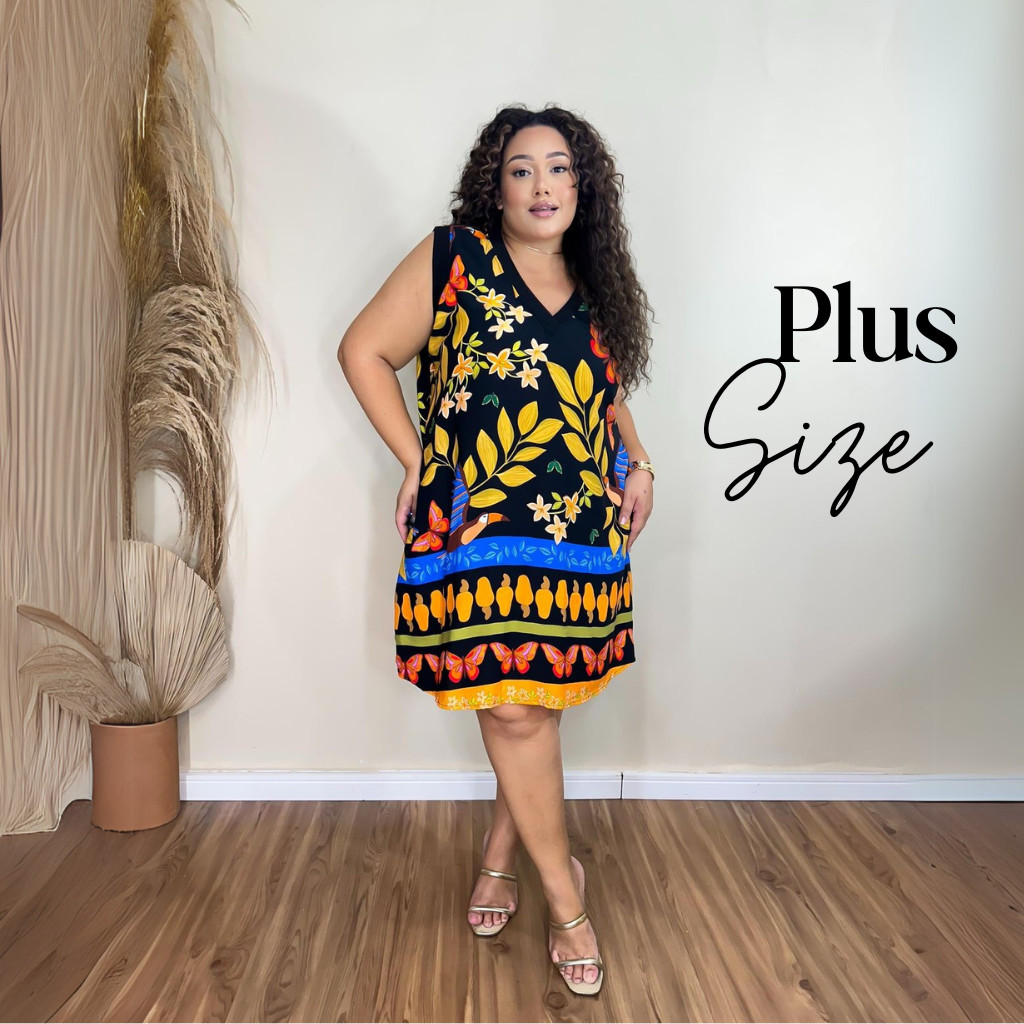 Vestido Feminino Plus Size Estampas Tropicais Gola V  Moda Plus Size
