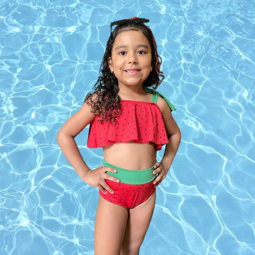 Biquini Infantil Menina Blogueirinha Colorido Alcinha Diva - Babado Praia Piscina Amarrar Verão Estampado Forrado