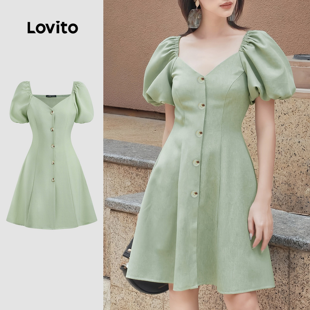 Lovito Vestido Elegante E Liso Com Botões Para O Verão/primavera L128ED279 em Oferta na Shopee