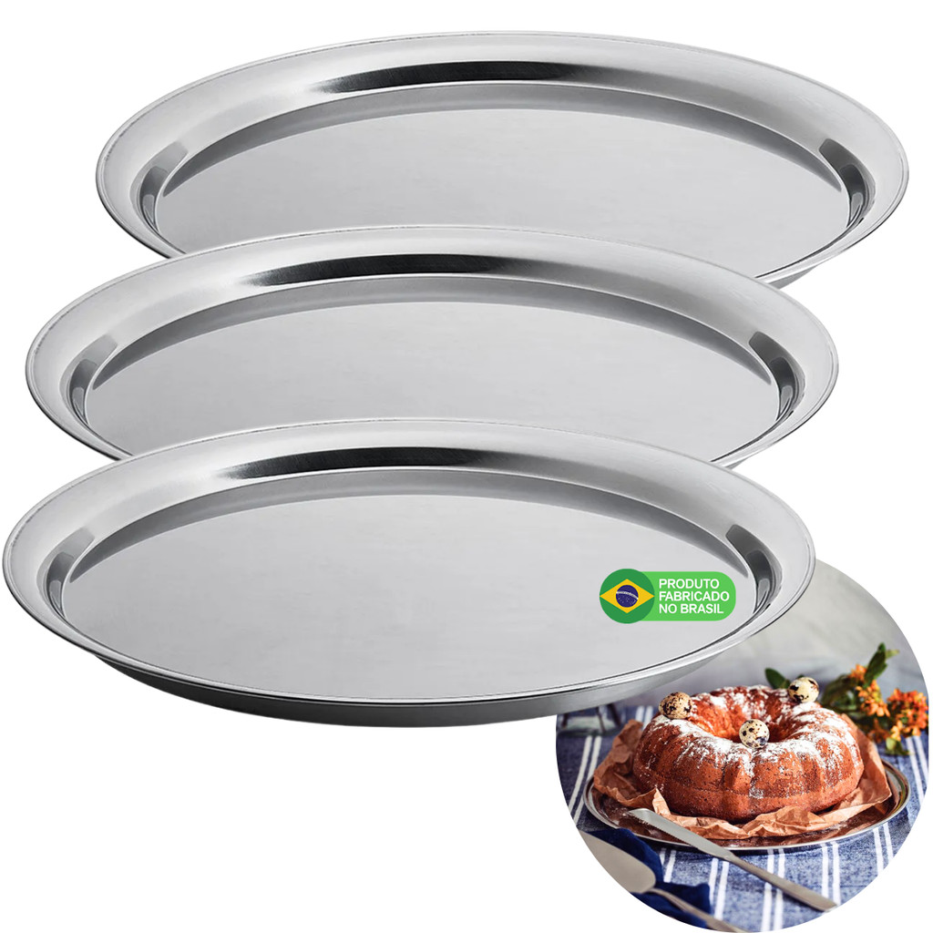 Bandeja Travessa Rasa Redonda de Aço Inox 29x3cm Multiuso Bar Restaurante Buffet Kit 3 Unidades