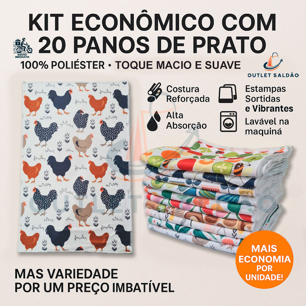 Kit Com 20, 10 ou 5 Panos de Prato Microfibra Atoalhado Cores Sortidas Camesa