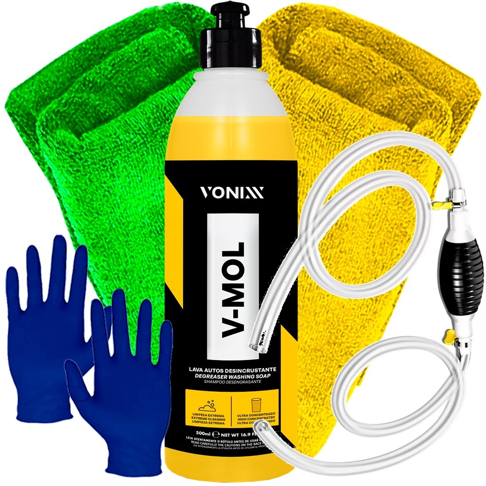 Kit Limpeza Automotiva Shampoo V-Mol Vonixx Bomba Sucção Combustível Luva Nitrílica Toalha Microfibra Karbox Oferta