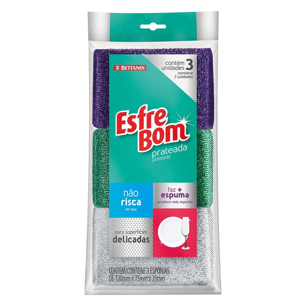 Esponja Prateada para Superfícies Delicadas 3 Unidades EsfreBom Bettanin em Oferta na Shopee
