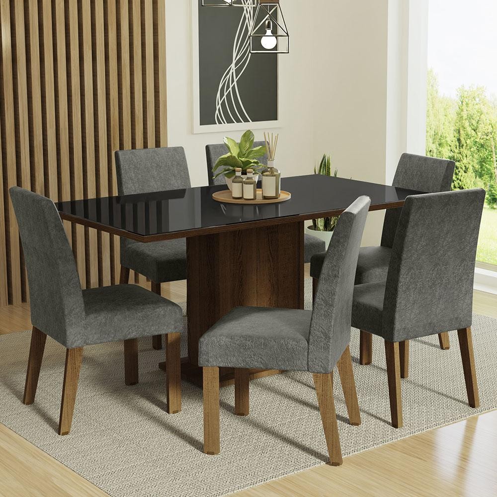 Conjunto Sala de Jantar Mesa Tampo de Vidro 6 Cadeiras Silver Alexis Madesa - Home & Living