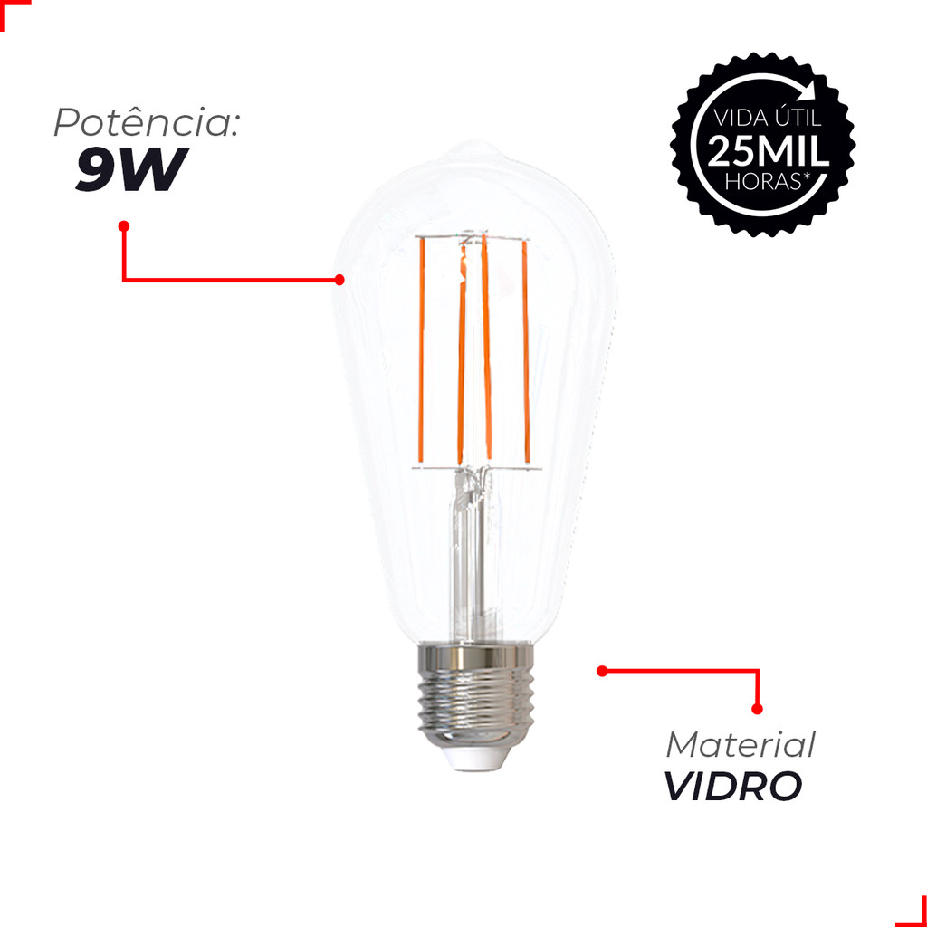 Detalhes do Kit 5 Lampadas Led ST64 Clear 9w 6500k Branco Frio E27 110v/220v Ip20 Cod: 352211370-5 Deluxe By Avant