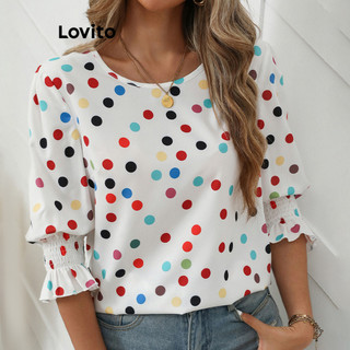 Lovito Blusa feminina casual com bolinhas e alface LBL16614 em Oferta na Shopee