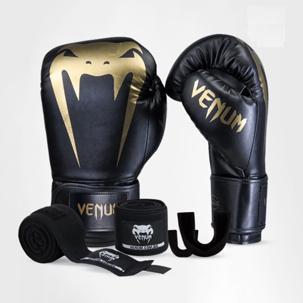 Kit Boxe Muay Thai Venum Luvas + 2M Bandagem + Bucal Giant Logo Black Gold em Oferta na Shopee