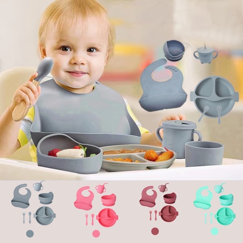 Kit 8 De Silicone Para Bebês Sucção Tigela De Alimentação Sem Escorregamento Colheres De Prato Dividido Copo De Palha em Oferta na Shopee