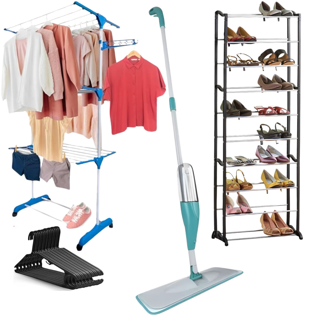 Kit Varal Dobrável 3 Andares + 5 Ou 10 Cabides + Sapateira 30 pares + Mop Spray 3 em 1 Limpeza Organização Casa