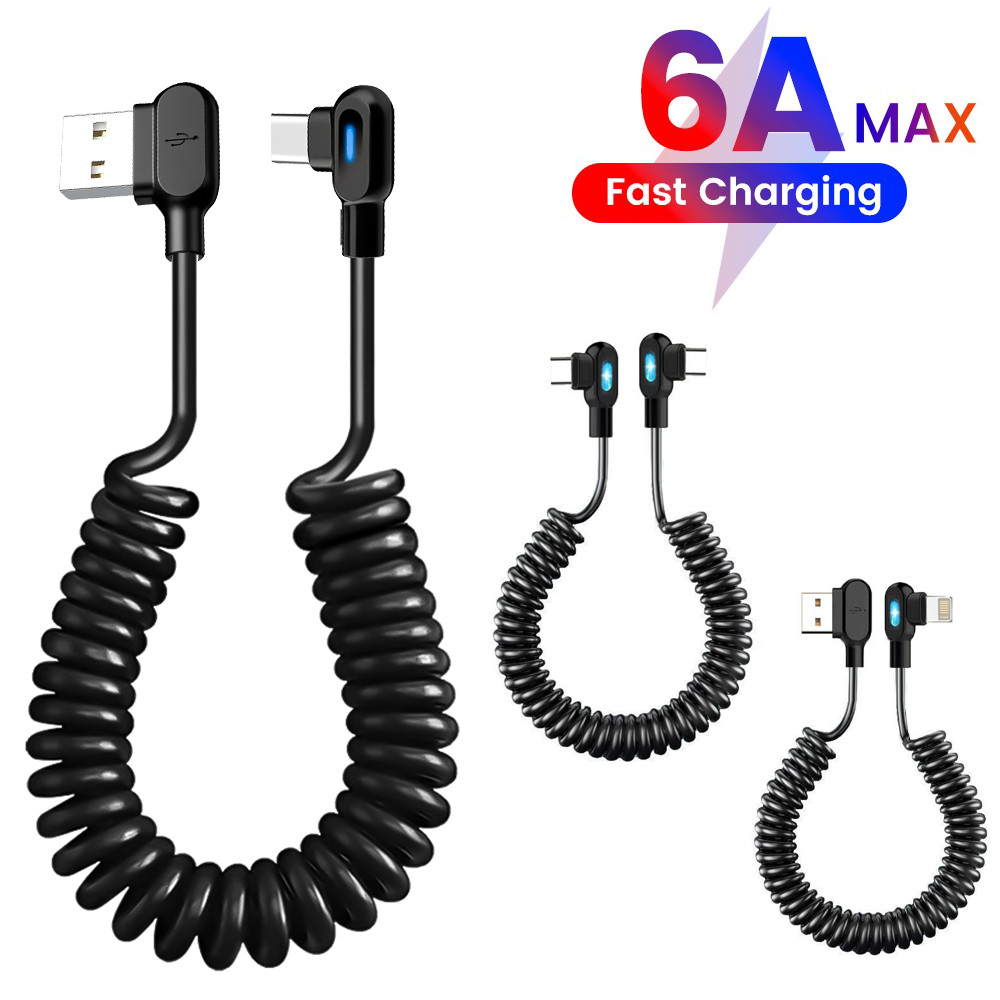 6A Linha De Dados De Mola De Carga Rápida De 90 Graus Cotovelo Duplo USB Type C Para Cabo De Carregamento Rápido Fio