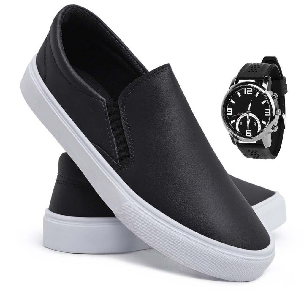 Tênis Slip On Masculino Iate Sapatênis Casual Sem Cadarço Moda Leve Confortável + Relógio