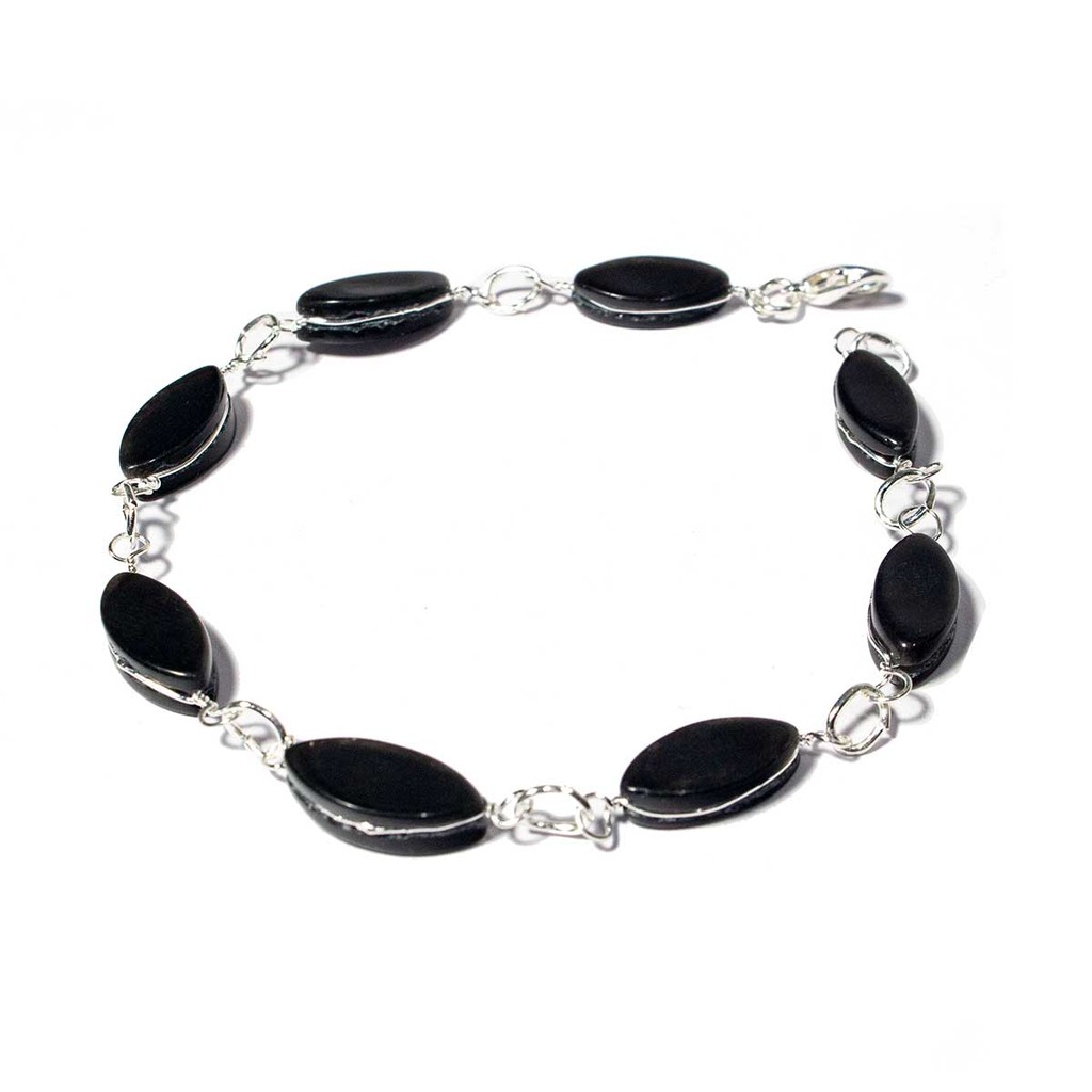 01 Pulseira Navete Ranhurado Obsidiana Negra Prateado Atacado
