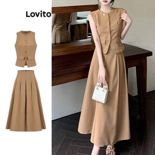 Lovito Conjuntos De Saia Casual Com Botão Liso Plissado Superior Ou Inferior Para Mulheres L74ED289 em Oferta na Shopee