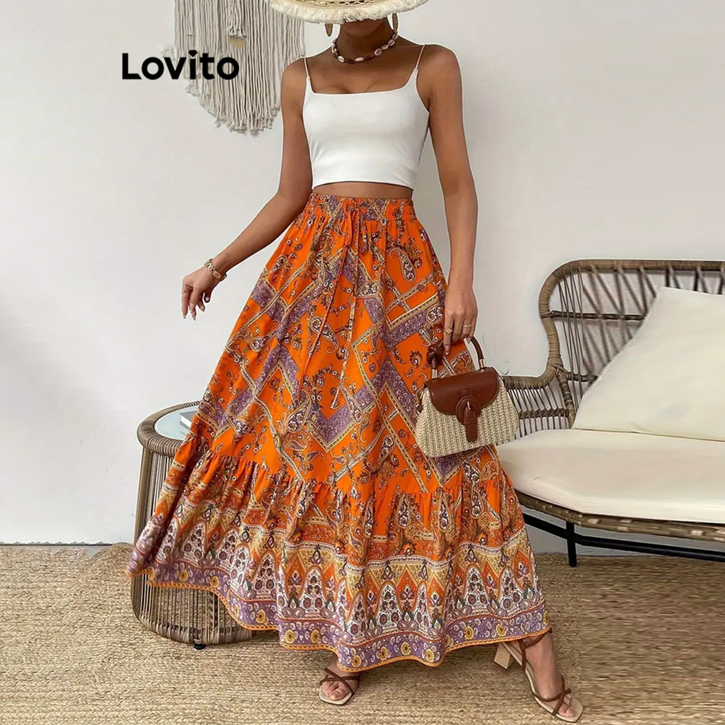 Lovito Saias Boho Tropical com babados para mulheres LNL74449 - Women Clothes