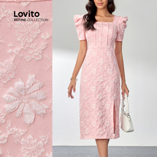 (Lovito Refine) Vestido Elegante Jacquard Dividido Na Frente Vestido De Verão/Primavera Para Mulheres LR4LD098 em Oferta na Shopee