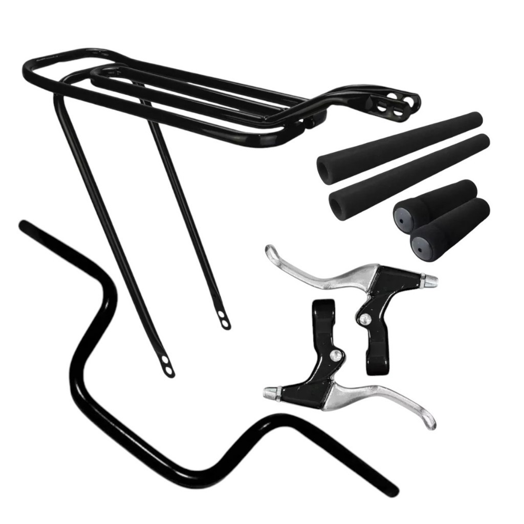 guidão alto tipo cg titan de bicicleta + jogo de manopla + manete + bagageiro bike aro 20 24 26