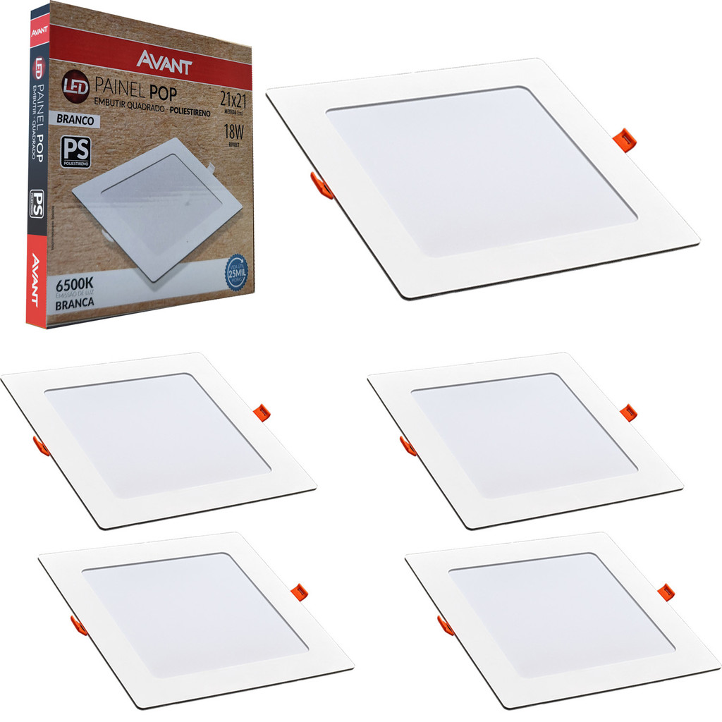 Kit 5 Painel Plafon Embutir 18W Luz Branco Frio 6500K Luminária de Teto Forro Gesso Led 127v 220v