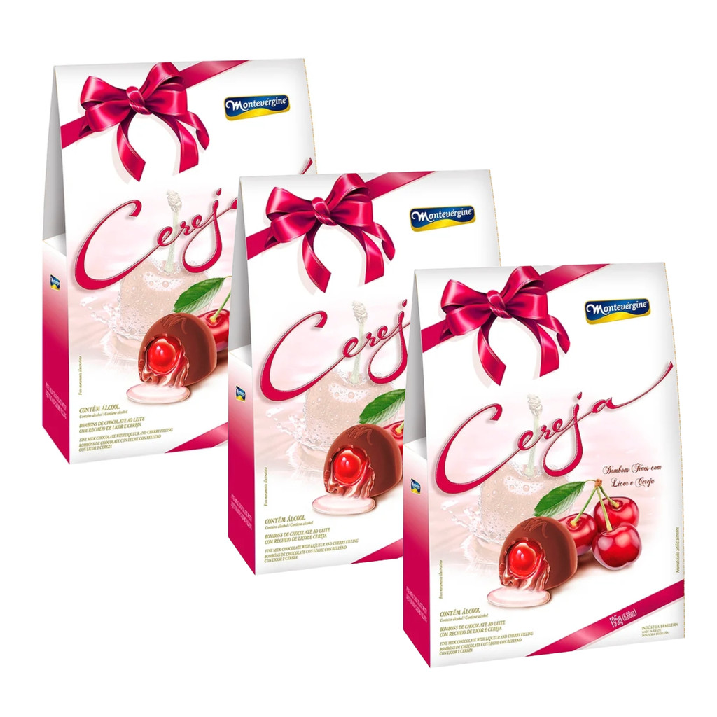 3 Caixas Cereja Bombons C/ Licor e Cereja 195g MONTEVÉRGINE
