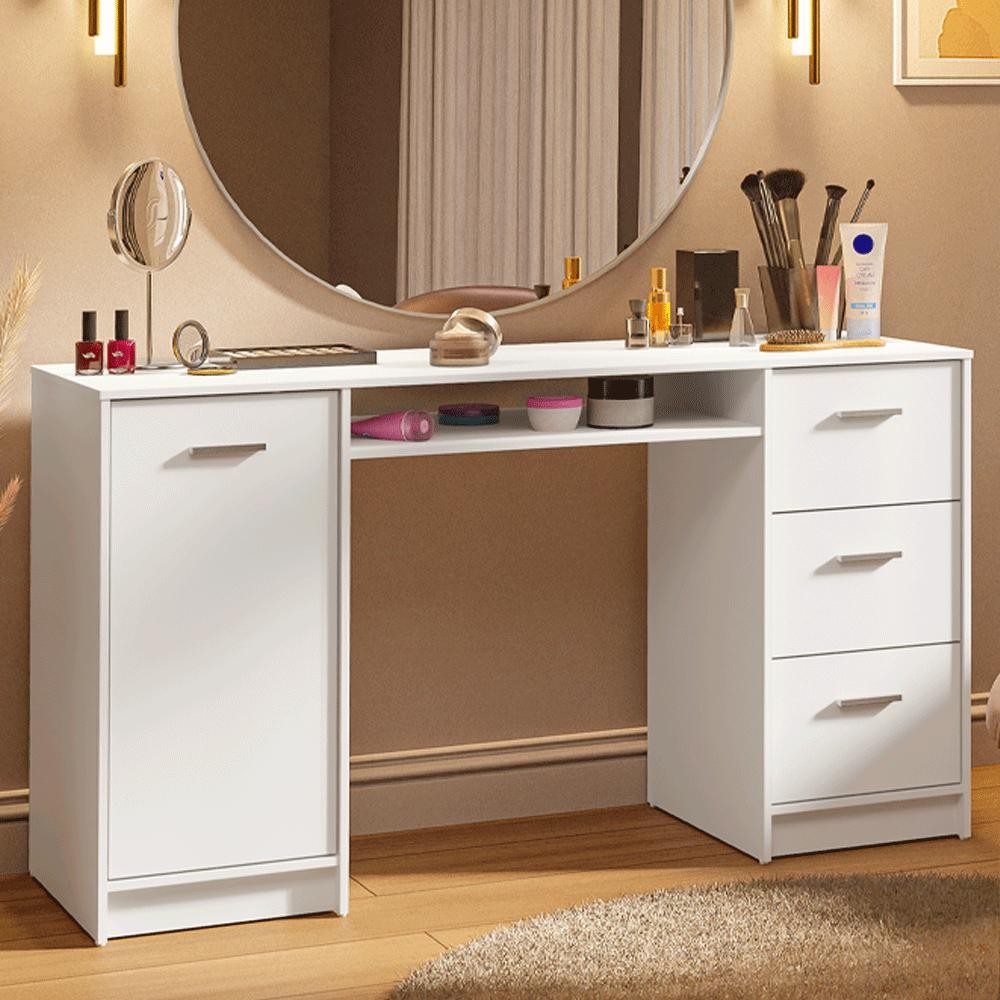 Escrivaninha Penteadeira 136cm 1 Porta 3 Gavetas Branco Madesa - Home & Living