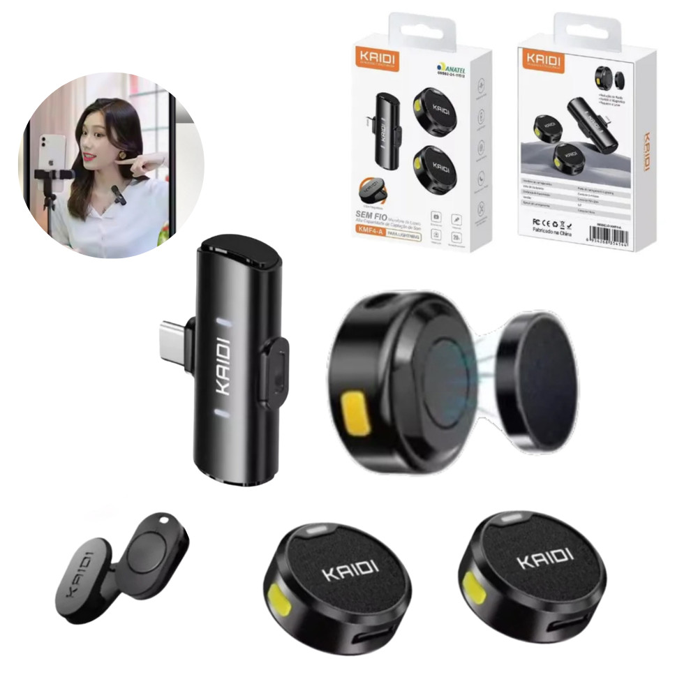 Microfone Lapela Sem Fio Duplo KAIDI Profissional p/ Tipo C Android Iphone Samsung S23 S24 s25 Ultra