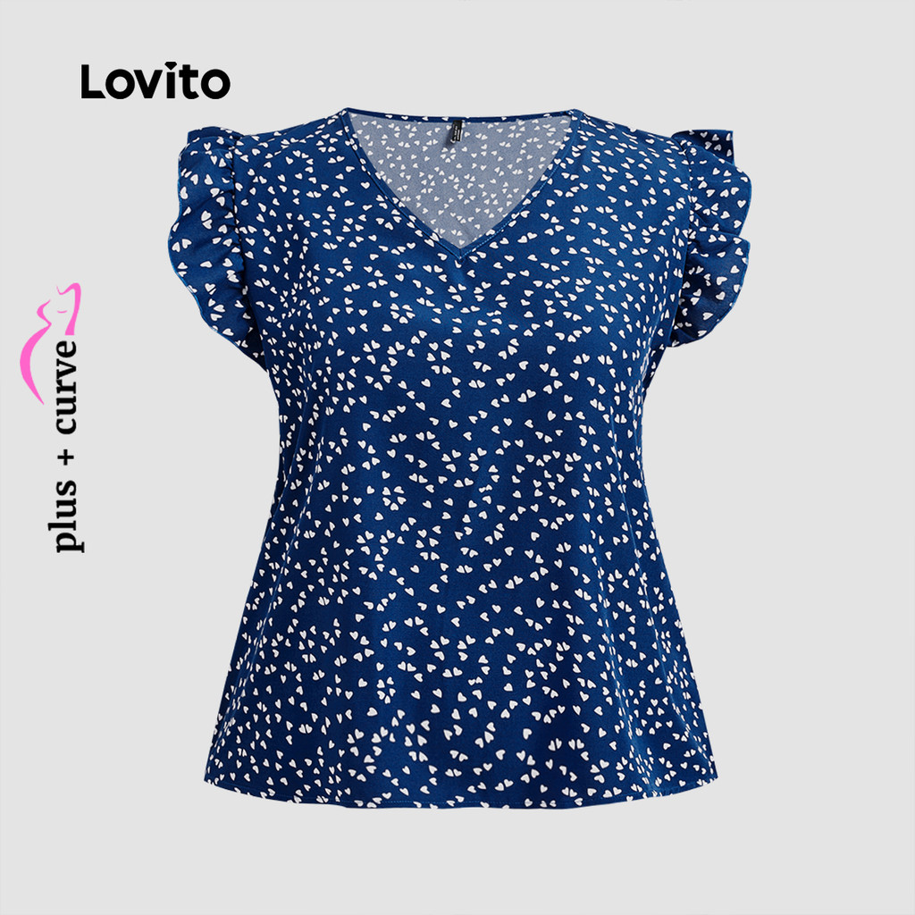 (Trendy) Lovito Blusa feminina Casual curva Plus Size com babados florais LBL23286 - Women Clothes
