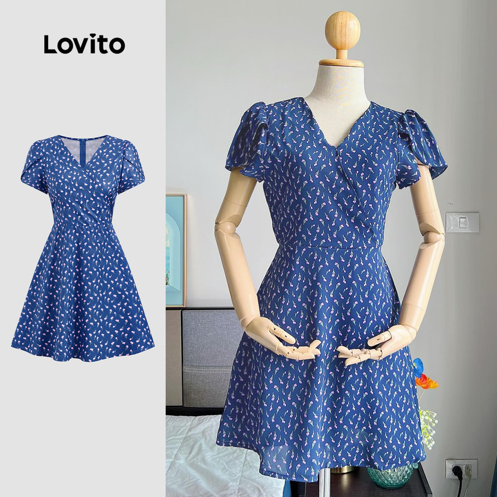 Lovito Vestido Boho Ditsy Floral com cadarço para mulheres L128ED050 - Women Clothes