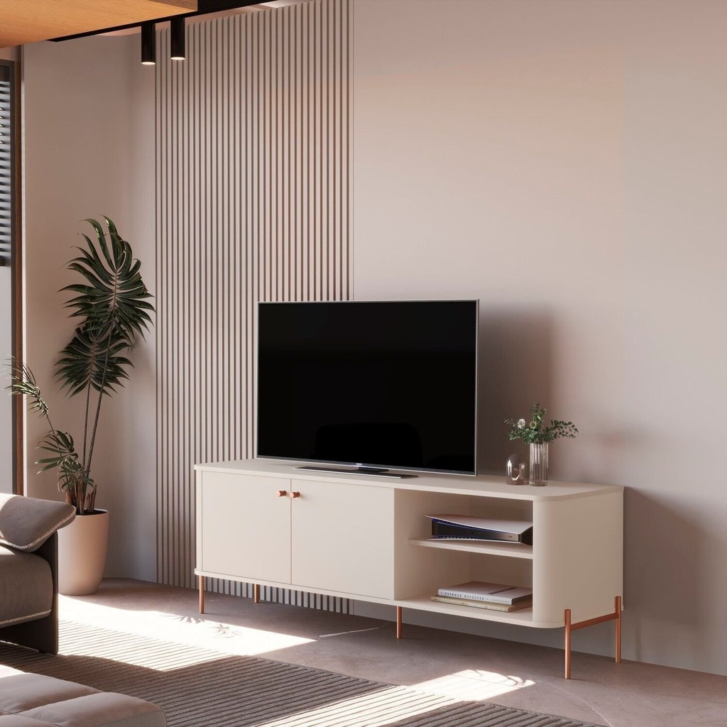 Rack para TV até 60 Polegadas Curvo Pés e Puxadores em Metal Tucupí Off White/Bronze em Oferta na Shopee