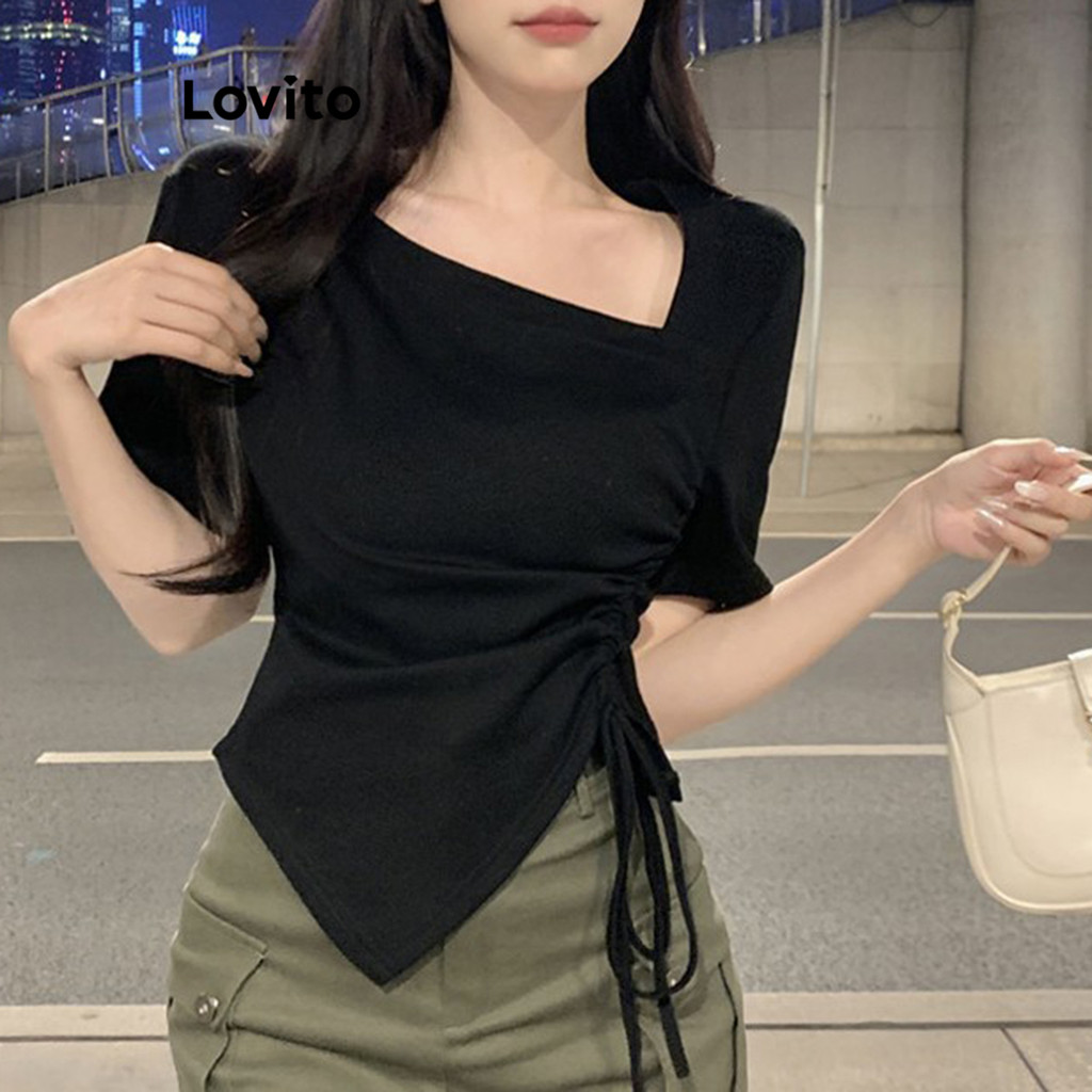 Lovito Camiseta Casual Com Cordão Liso Franzido Para Mulheres LNE33146 (Branco/Preto) em Oferta na Shopee