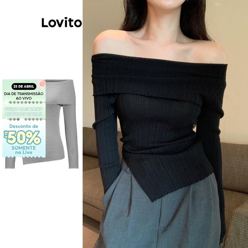 Lovito Camiseta Casual Feminina Lisa Assimétrica Com Ombros De Fora L45AD001 (Multicolorido)