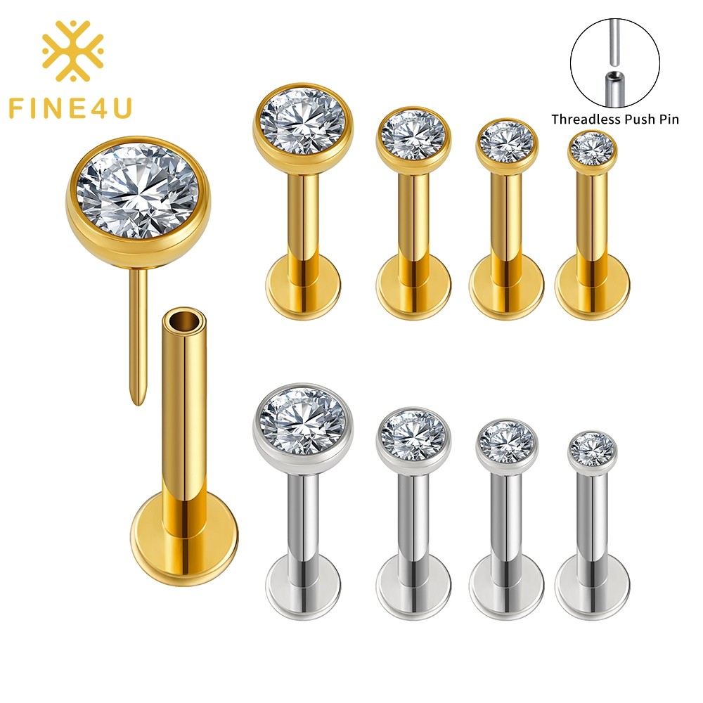 FINE4U Piercing Titânio Push Pin 2/2.5/3/4mm Para Australiano Helix Tragus Conch Lóbulo Labret Nariz