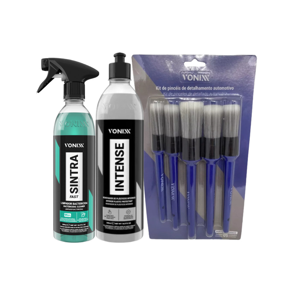 Kit Vonixx Sintra Fast 500ML + Jogo 5 Pincéis Detalhamento Interno + Renovador Plásticos Internos Intense 500ML