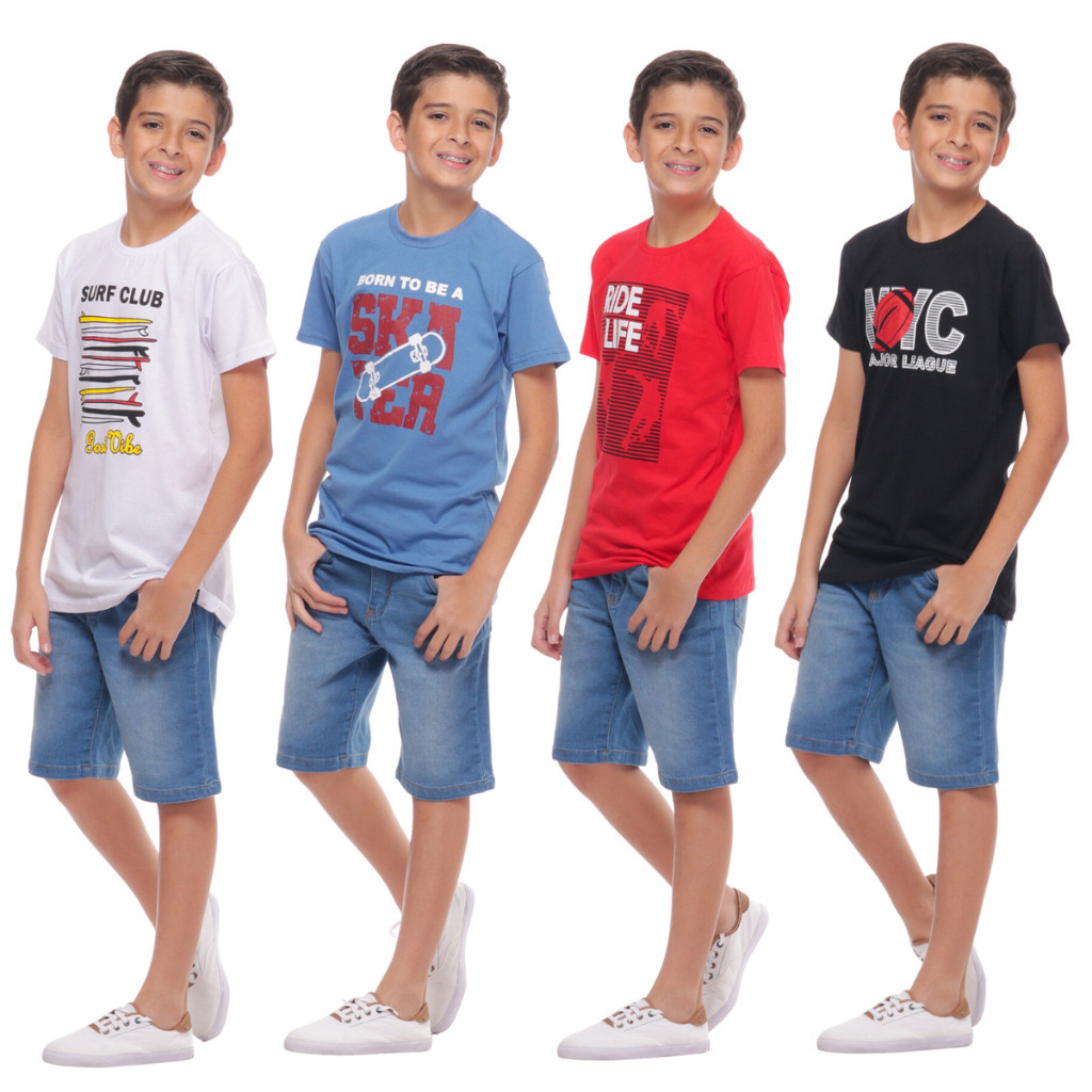 Kit 4 Camiseta kit 4 Blusa Verão Menino Infantil Juvenil Masculina Algodão Manga Curta  100% Algodão