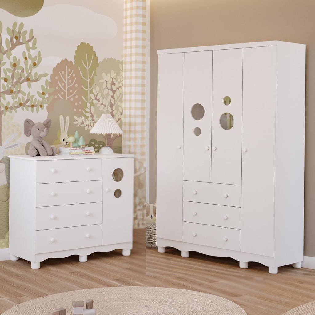 Quarto de Bebê Completo Guarda Roupa 4 Portas Cômoda 1 Porta 4 Gavetas 100% MDF Bolinha - Mom & Baby
