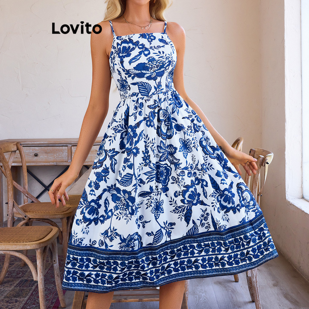(Trendy) Lovito Vestido Boho Vestido Floral Com Bata Para Mulheres LBL15427 em Oferta na Shopee