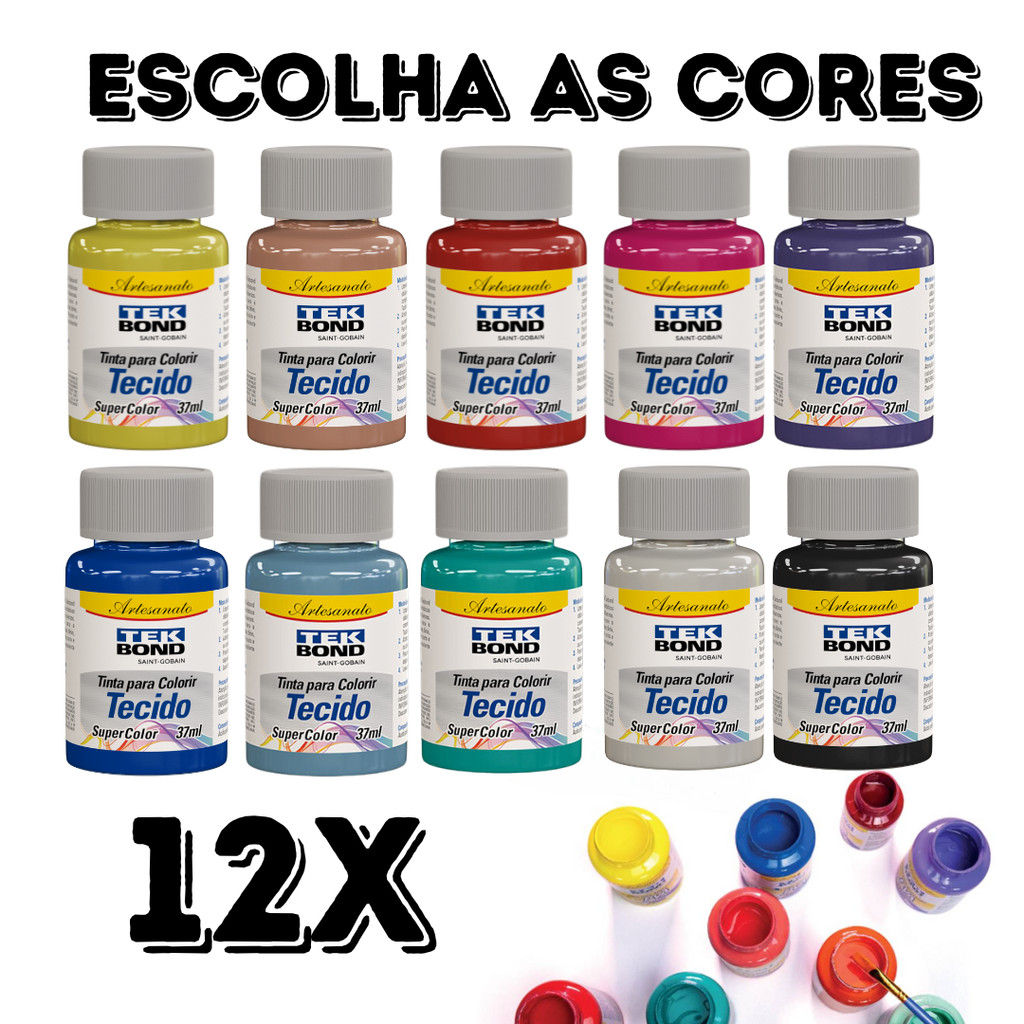 Kit 12 Tinta de Tecido Fosca Artesanato 37ml Tekbond