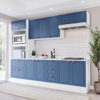 Cozinha Pérola com Tampo e Rodapé 5 Peças Torre Quente Aéreo 3 Portas Basculante Balcão 120 e de 80  Branco/Azul em Oferta na Shopee