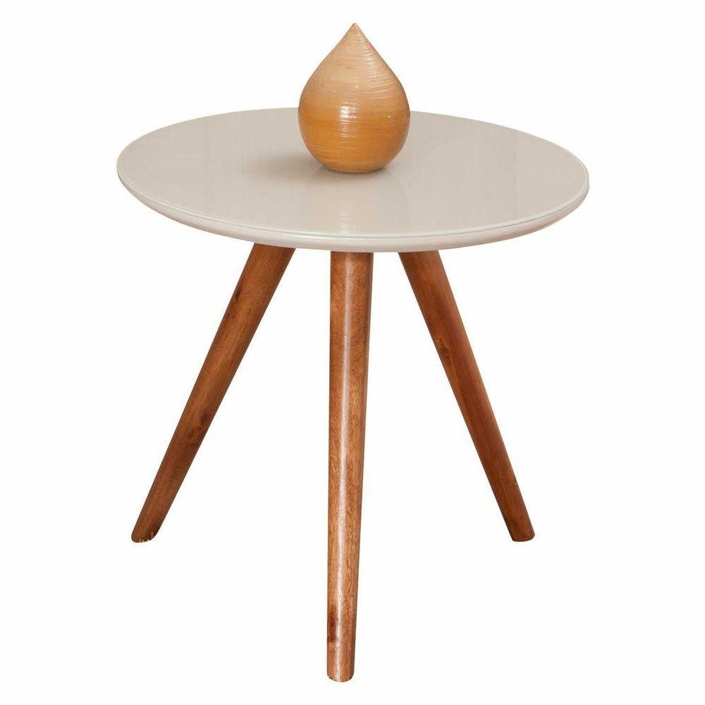 Mesa Lateral Redonda Com Vidro 40x40 Cor Off White Medida 60 Cm Altura - Home & Living