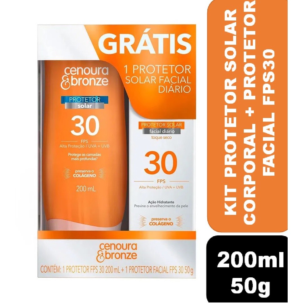 Kit Cenoura & Bronze Protetor Solar FPS 30 200ml + Protetor Facial Diário FPS 30 50g