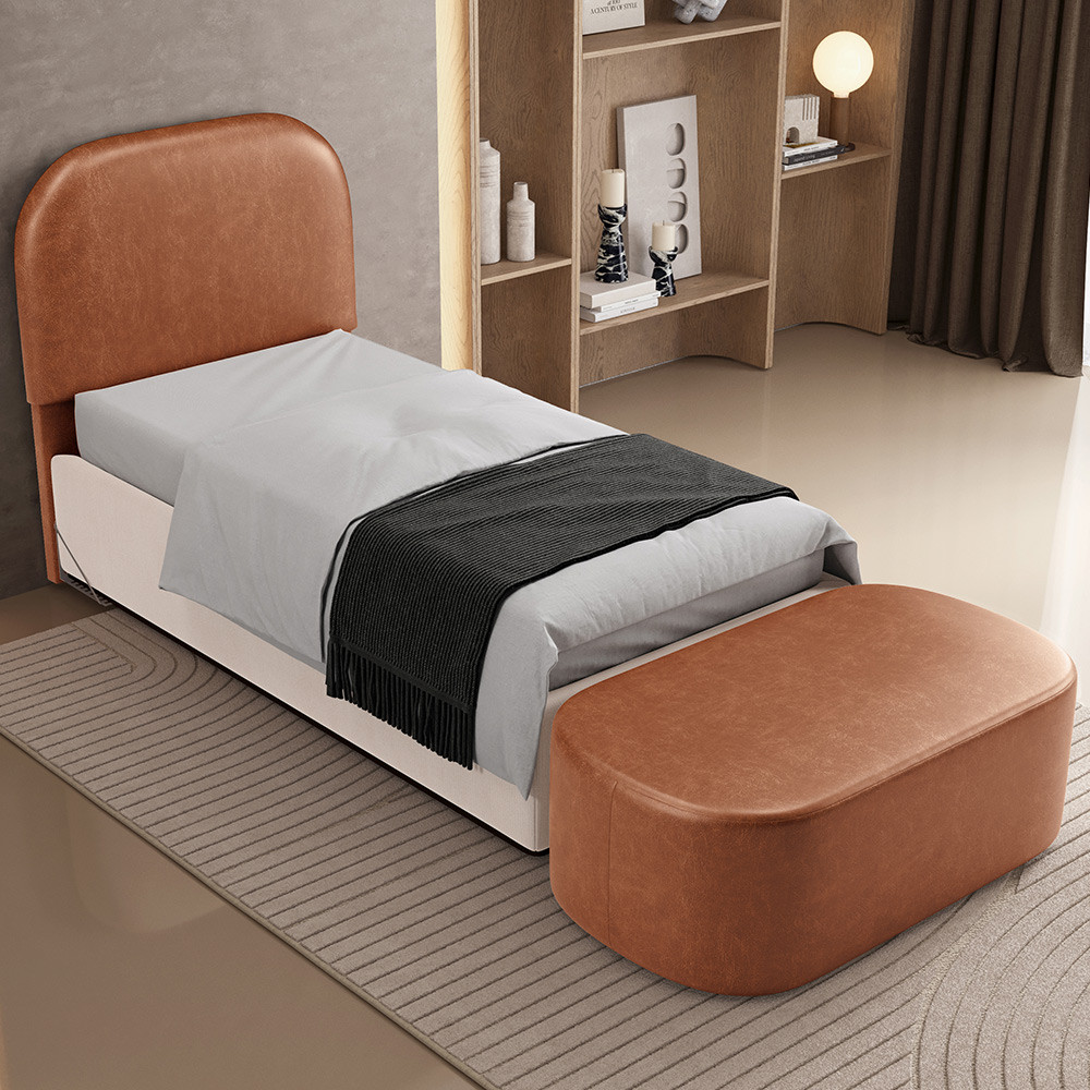 Cabeceira Cama Box Solteiro 100cm Lanna com Puff Recamier Doha W01 Couríssimo Camel - Lyam Decor