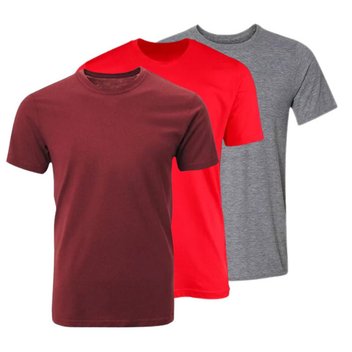 Kit com 3 Camisetas Básicas em Algodão Fio 30.1 – Bordô, Vermelho e Cinza