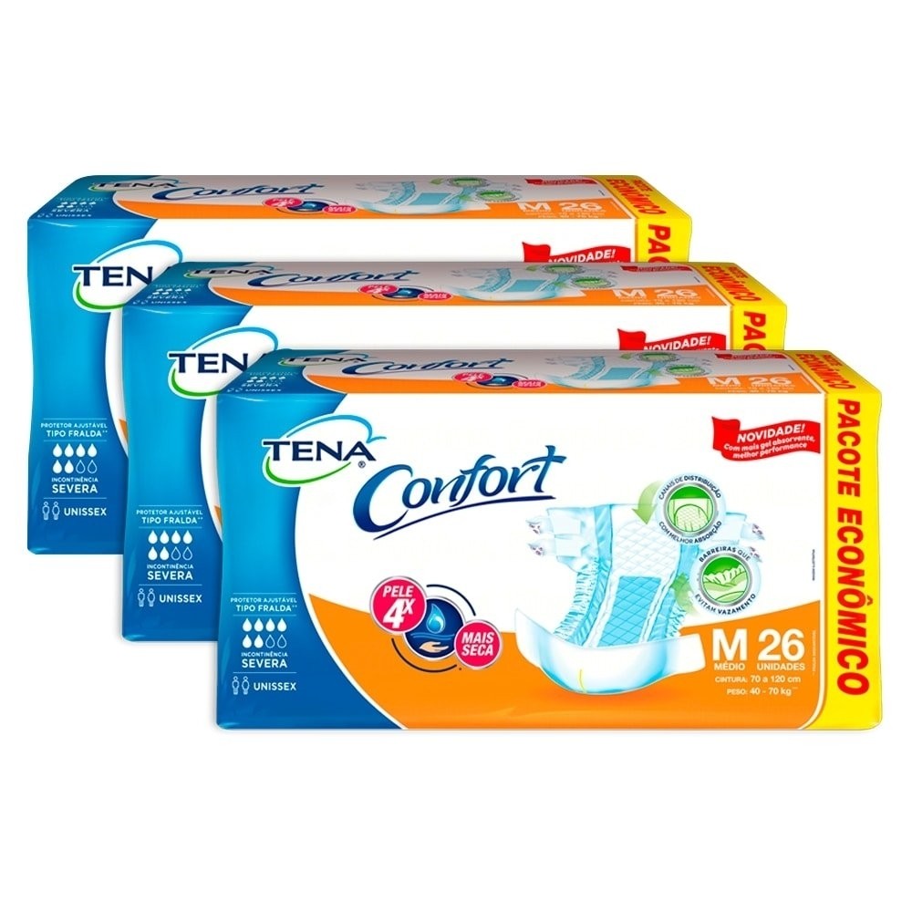 Fralda Descartável Tena Adulto Confort Tamanho M - 3 Pacotes com 26 Fraldas - Total 78 Tiras em Oferta na Shopee