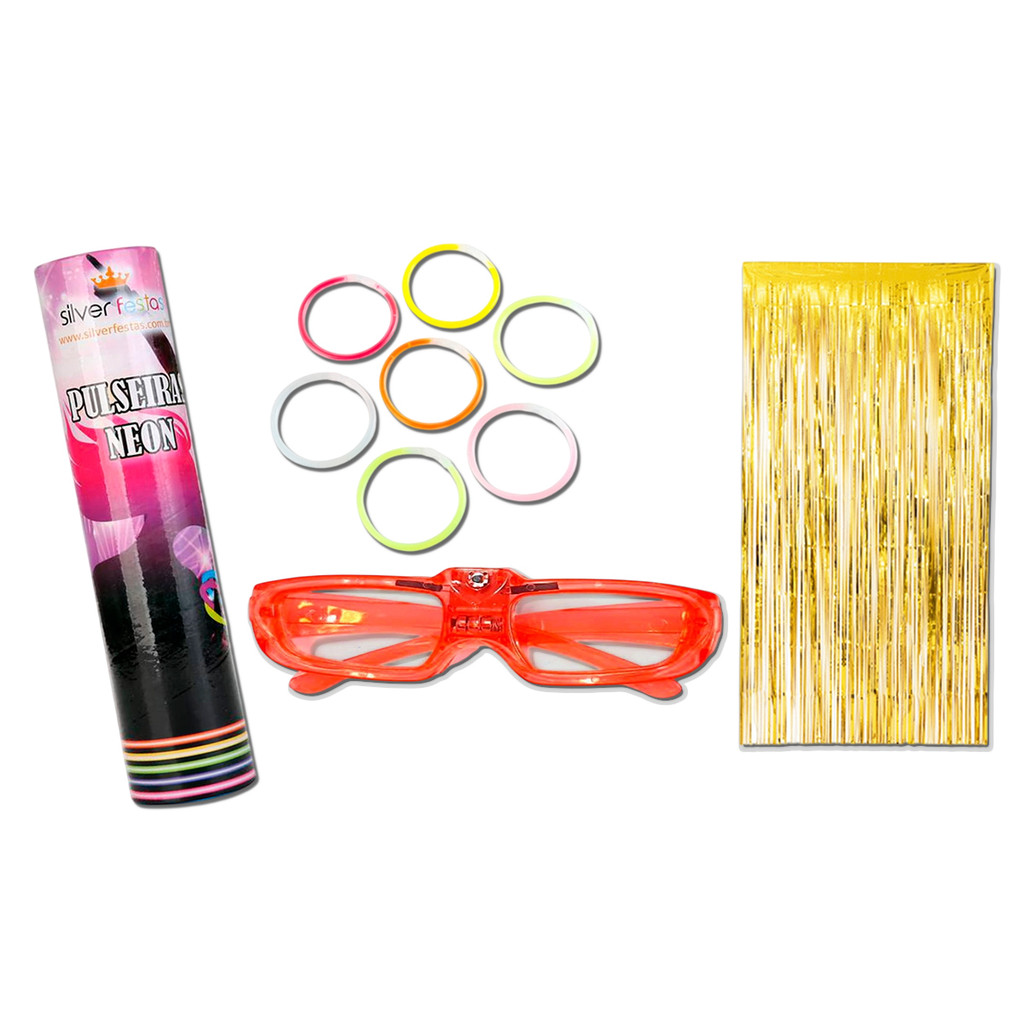 Kit Festa Balada Ano Novo Óculos LED Pulseiras Neon Brilha Escuro Cortina Metalizada Silver Festas