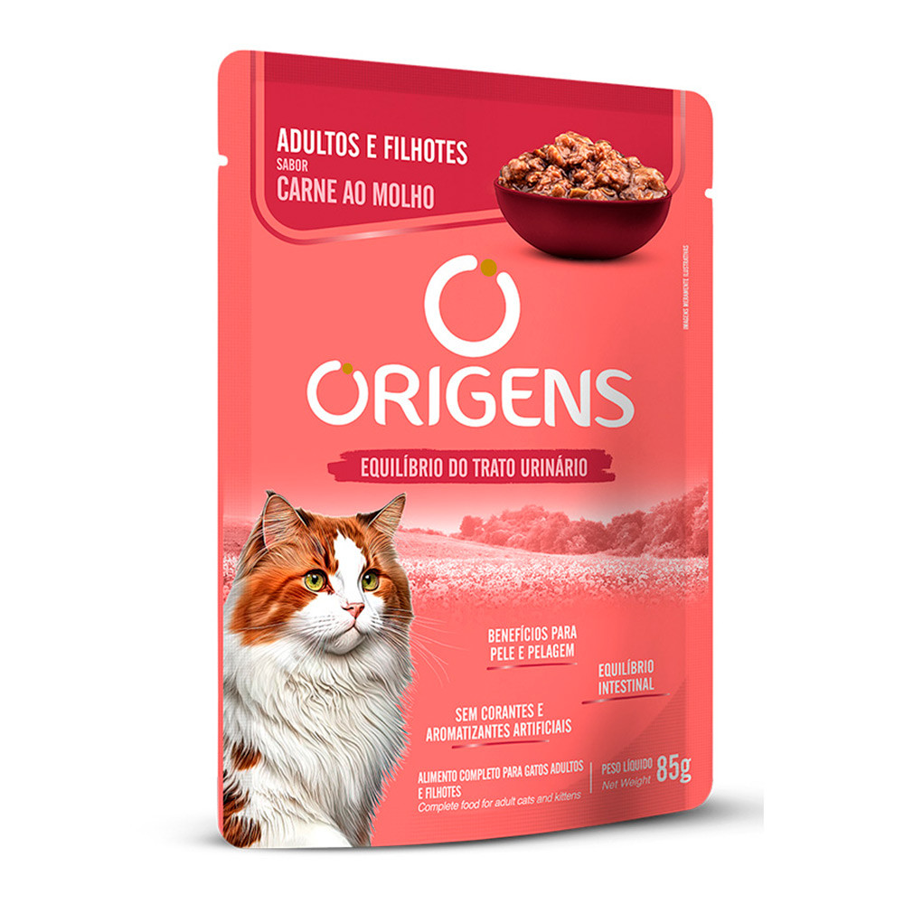 Detalhes do Kit 18un. Ração Úmida Origens Sachê Gatos Adultos e Filhotes Sabor Carne ao Molho 85g