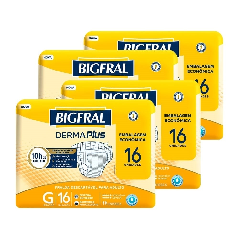 Fralda Geriátrica Bigfral Derma Plus Tamanho G - 4 Pacotes com 16 Fraldas - Total 64 Tiras - Health