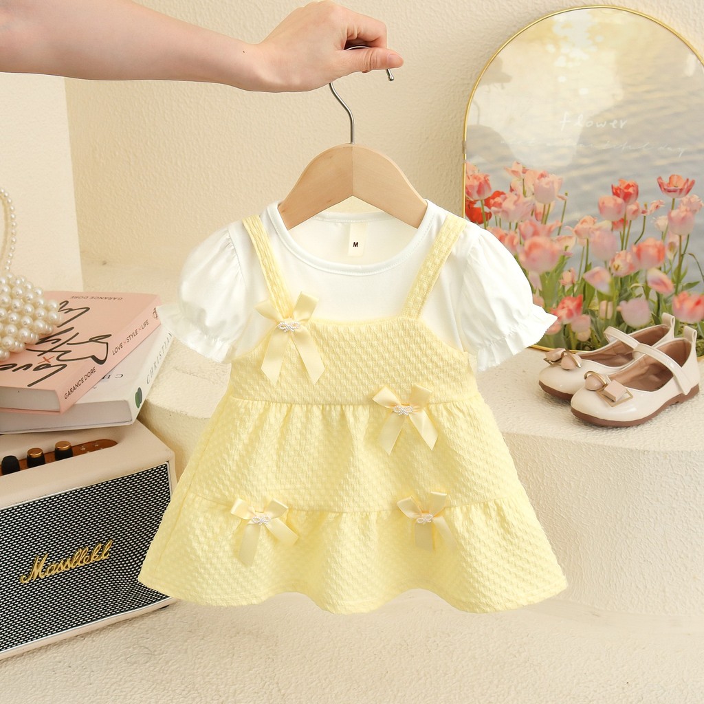 Verão Falso 2 Peças Vestido De Bebê Manga Bufante Arco Princesa Para Menina Algodão