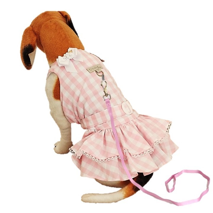 Vestido Pet Xadrez Rosa 100% Algodão Dudog Acompanha Guia