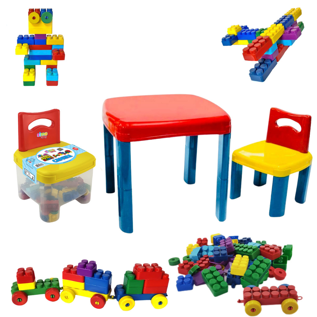 Conjunto Mesa Infantil com Cadeira + Cadeira Bau Blocos 50 Peças de Montar