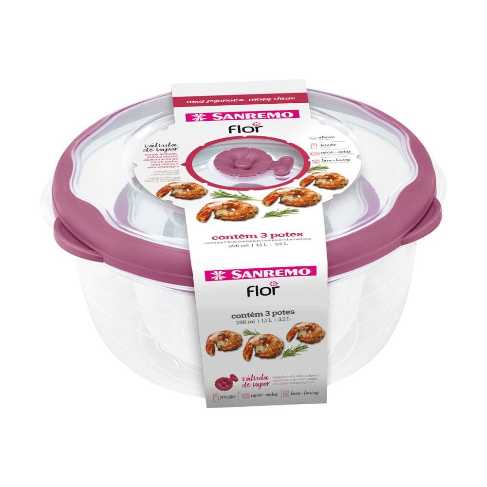 Kit 3 Potes Plásticos Redondos Herméticos Açaí 290ml, 1,1L, 3,2L Flor Sanremo - Home & Living